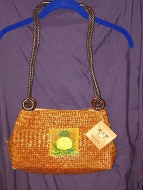 Handwoven Brown Straw Shoulder Bag with Pineapple Patch
